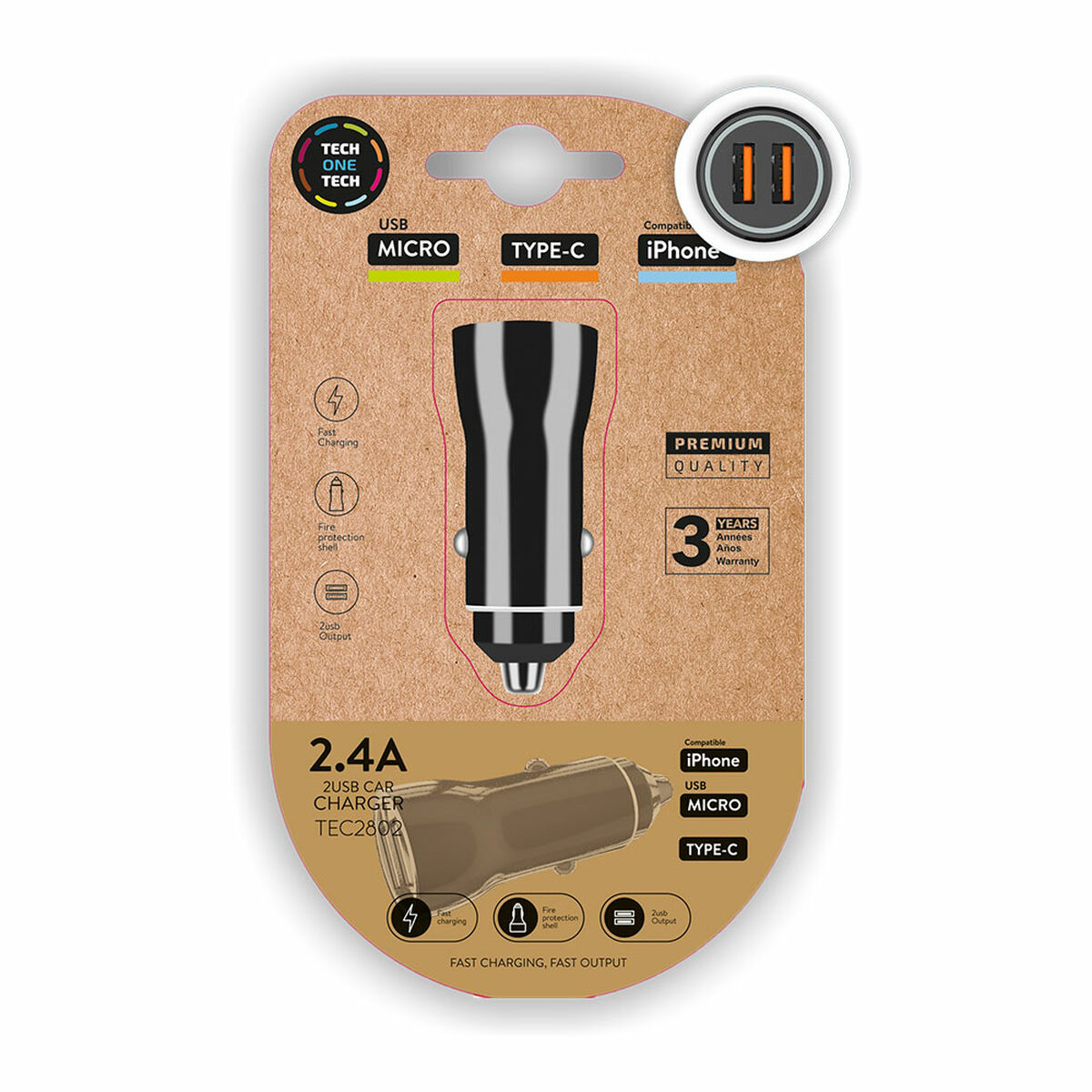 Autonabíječka Tech One Tech Dvojité USB-C Micro USB